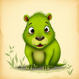 A unique Capybara with no fur, its skin is a vibrant green, resembling a stylized animal from an illustrated zoological parchment scroll