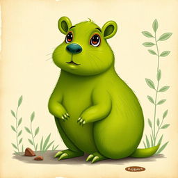 A unique Capybara with no fur, its skin is a vibrant green, resembling a stylized animal from an illustrated zoological parchment scroll