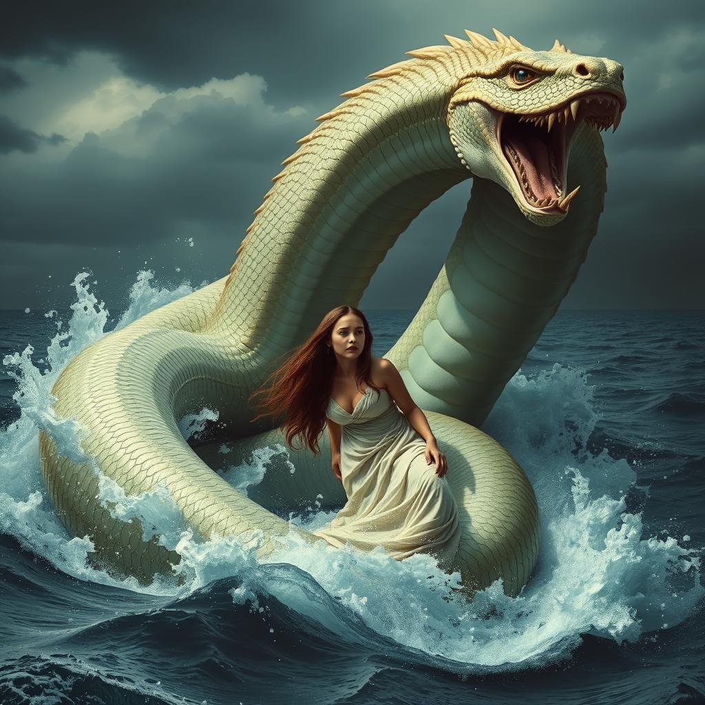 A giant serpent emerging from the sea, its massive form rising from the waves, coiling around the body of a young, beautiful woman