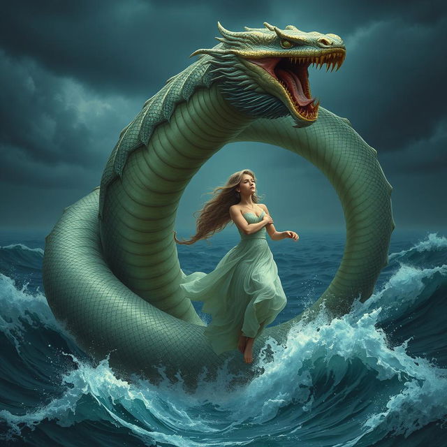 A giant serpent emerging from the sea, its massive form rising from the waves, coiling around the body of a young, beautiful woman