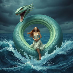 A giant serpent emerging from the sea, its massive form rising from the waves, coiling around the body of a young, beautiful woman
