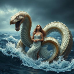 A giant serpent emerging from the sea, its massive form rising from the waves, coiling around the body of a young, beautiful woman