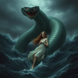 A giant serpent emerging from a dark, eerie sea, with massive coils rising ominously from turbulent waves