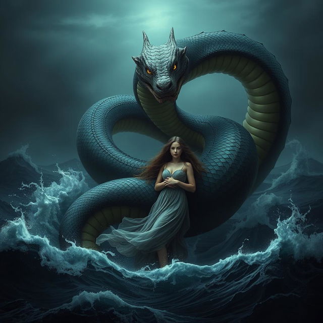 A giant serpent emerging from a dark, eerie sea, with massive coils rising ominously from turbulent waves