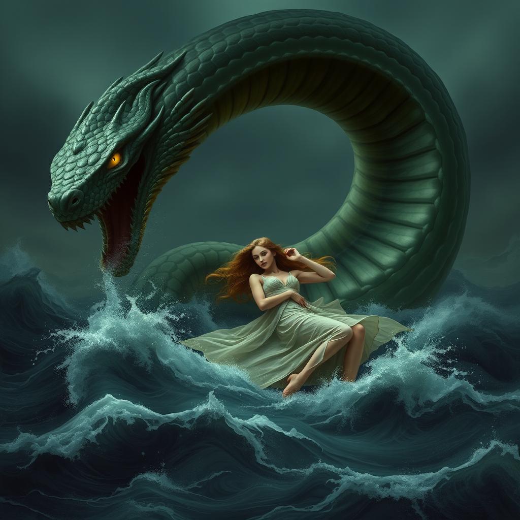 A giant serpent emerging from a dark, eerie sea, with massive coils rising ominously from turbulent waves