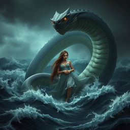 A giant serpent emerging from a dark, eerie sea, with massive coils rising ominously from turbulent waves