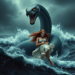 A massive serpent emerging from the dark, menacing sea, its enormous coils rising from the violent waves
