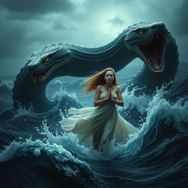 A massive serpent emerging from the dark, menacing sea, its enormous coils rising from the violent waves