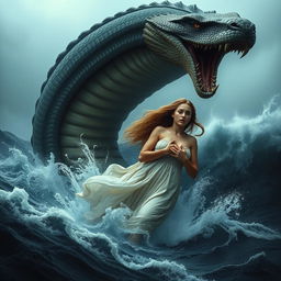 A massive serpent emerging from the dark, menacing sea, its enormous coils rising from the violent waves