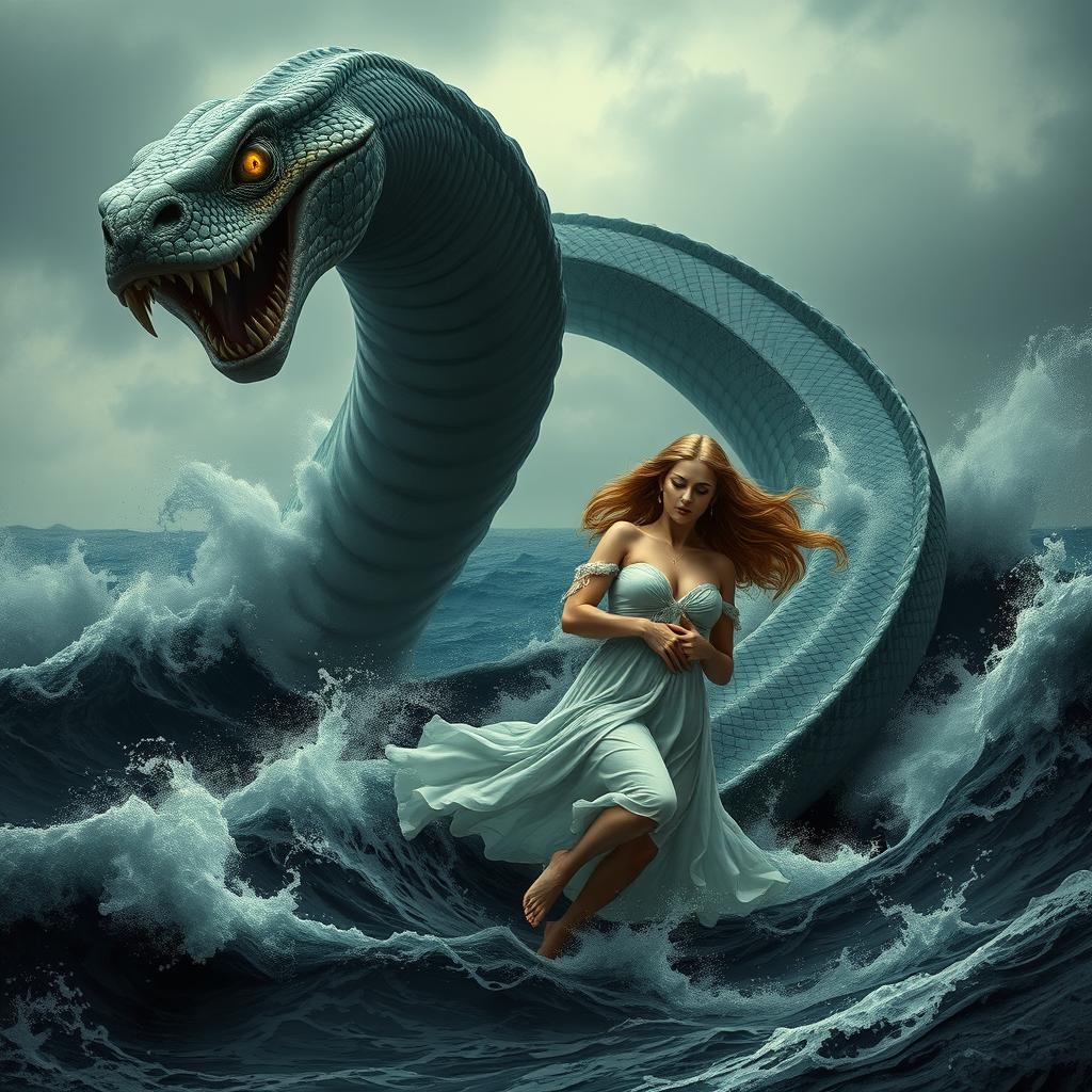 A massive serpent emerging from the dark, menacing sea, its enormous coils rising from the violent waves