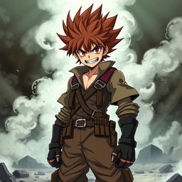 A fierce and savage anime character with wild, spiky hair and intense red eyes, wearing a rugged, battle-worn outfit adorned with various weapon holsters