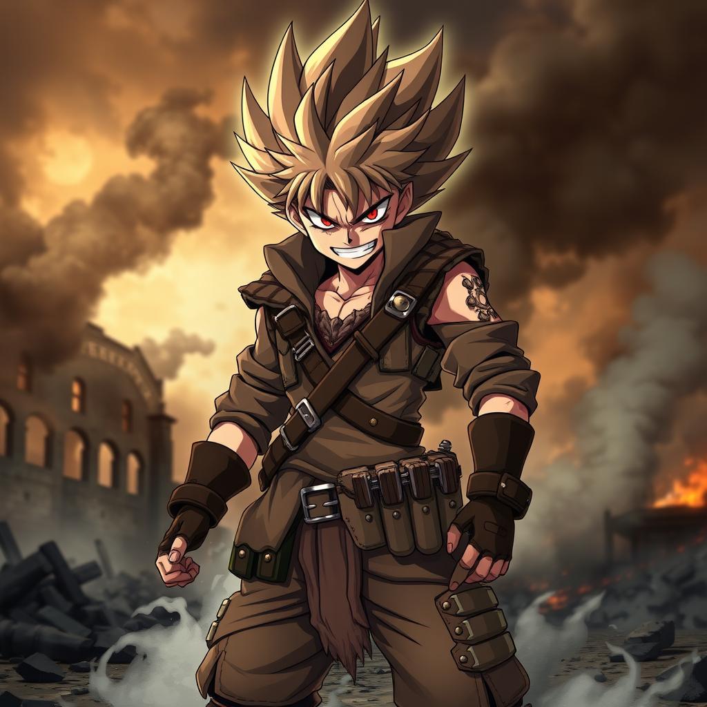 A fierce and savage anime character with wild, spiky hair and intense red eyes, wearing a rugged, battle-worn outfit adorned with various weapon holsters