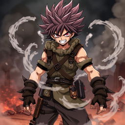 A fierce and savage anime character with wild, spiky hair and intense red eyes, wearing a rugged, battle-worn outfit adorned with various weapon holsters