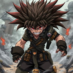 A fierce and savage anime character with wild, spiky hair and intense red eyes, wearing a rugged, battle-worn outfit adorned with various weapon holsters