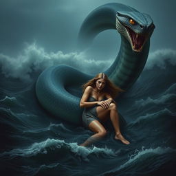 A giant serpent looming in a dark, ominous sea, coiling tightly around the body of a young, beautiful woman with long flowing hair
