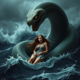 A giant serpent looming in a dark, ominous sea, coiling tightly around the body of a young, beautiful woman with long flowing hair