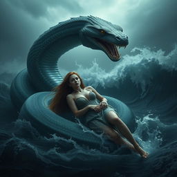 A giant serpent looming in a dark, ominous sea, coiling tightly around the body of a young, beautiful woman with long flowing hair