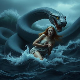 A giant serpent looming in a dark, ominous sea, coiling tightly around the body of a young, beautiful woman with long flowing hair
