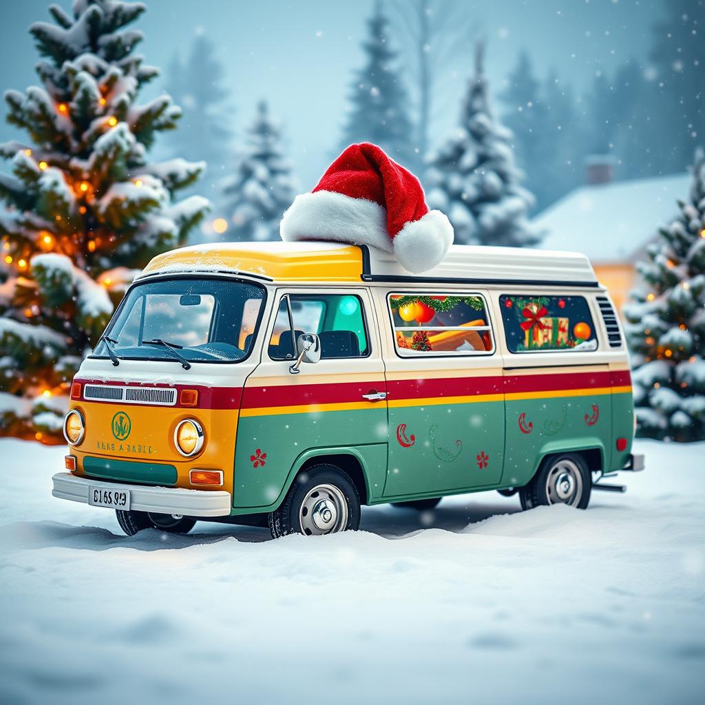 A colorful van, prominently featuring a Santa's cap placed on its roof, surrounded by gently falling snowflakes that blanket the ground in a thick layer of snow