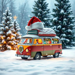 A colorful van, prominently featuring a Santa's cap placed on its roof, surrounded by gently falling snowflakes that blanket the ground in a thick layer of snow