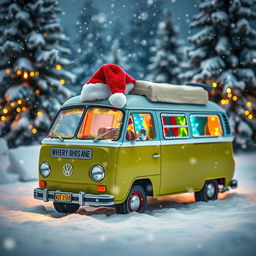 A colorful van, prominently featuring a Santa's cap placed on its roof, surrounded by gently falling snowflakes that blanket the ground in a thick layer of snow