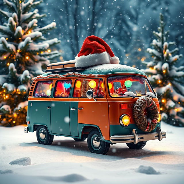 A colorful van, prominently featuring a Santa's cap placed on its roof, surrounded by gently falling snowflakes that blanket the ground in a thick layer of snow