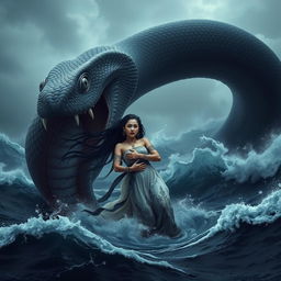 A giant serpent emerging from the dark, terrifying sea, tightly gripping the body of a young and beautiful woman from East Java in its powerful coils