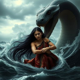 A giant serpent emerging from the dark, terrifying sea, tightly gripping the body of a young and beautiful woman from East Java in its powerful coils