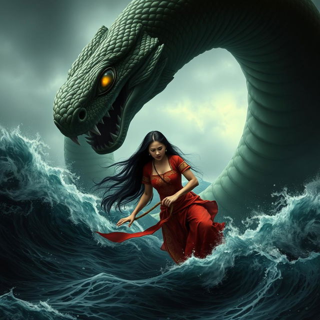 A giant serpent emerging from the dark, terrifying sea, tightly gripping the body of a young and beautiful woman from East Java in its powerful coils