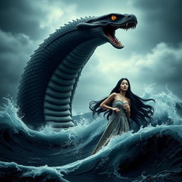 A giant serpent emerging from the dark, terrifying sea, tightly gripping the body of a young and beautiful woman from East Java in its powerful coils