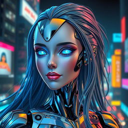A beautiful, female robot waifu with sleek chrome and metallic features, designed with intricate details and a futuristic aesthetic