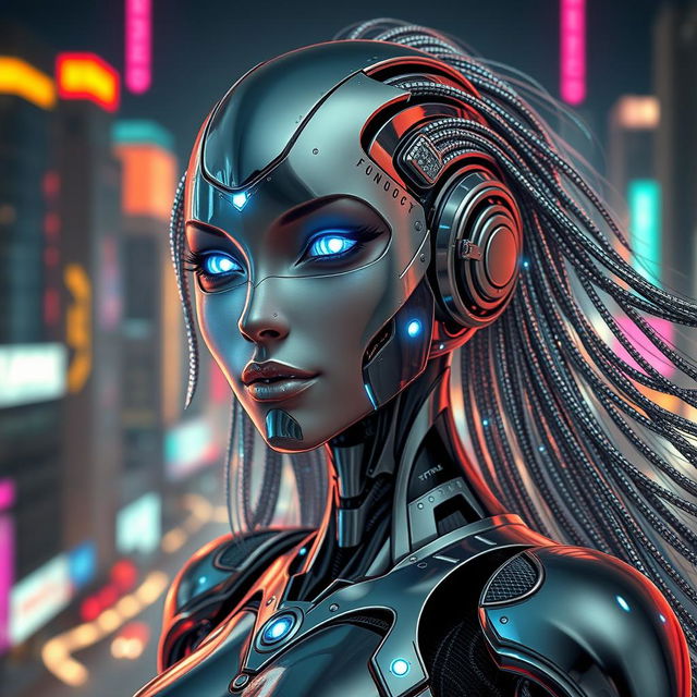 A beautiful, female robot waifu with sleek chrome and metallic features, designed with intricate details and a futuristic aesthetic