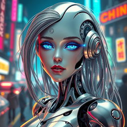 A beautiful, female robot waifu with sleek chrome and metallic features, designed with intricate details and a futuristic aesthetic