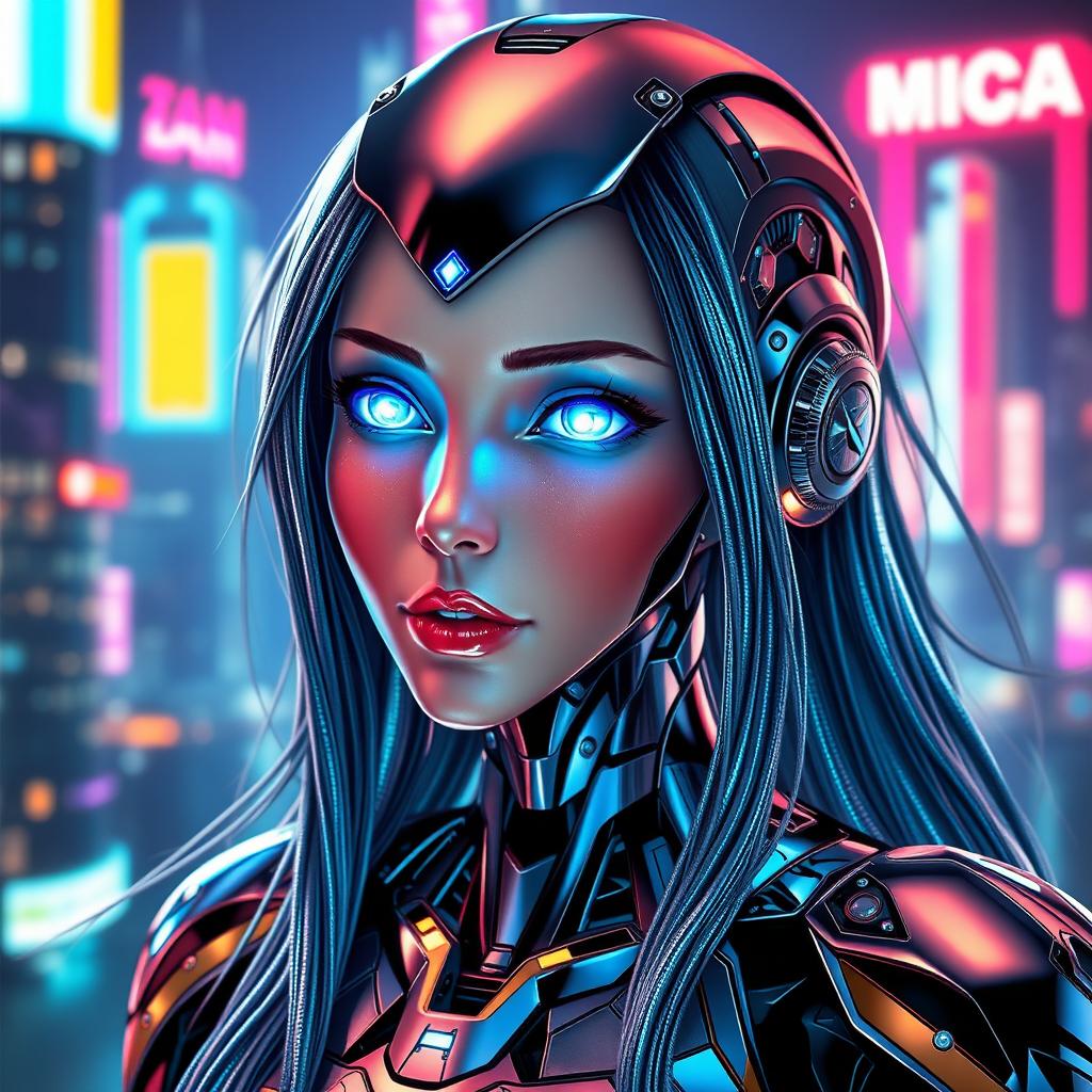 A beautiful, female robot waifu with sleek chrome and metallic features, designed with intricate details and a futuristic aesthetic
