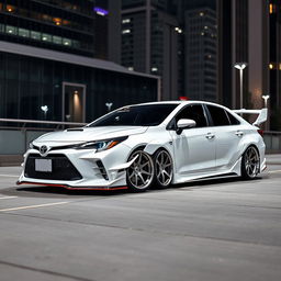 A stylish white Toyota Corona Premio featuring a custom body kit