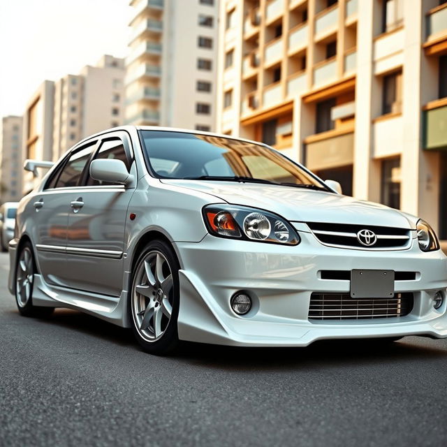 A Toyota Corona Premio from the year 2000, featuring a sporty body kit, in a sleek white color