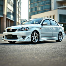 A Toyota Corona Premio from the year 2000, featuring a sporty body kit, in a sleek white color