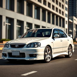 A Toyota Corona Premio from the year 2000, featuring a sporty body kit, in a sleek white color