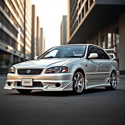 A Toyota Corona Premio from the year 2000, featuring a sporty body kit, in a sleek white color