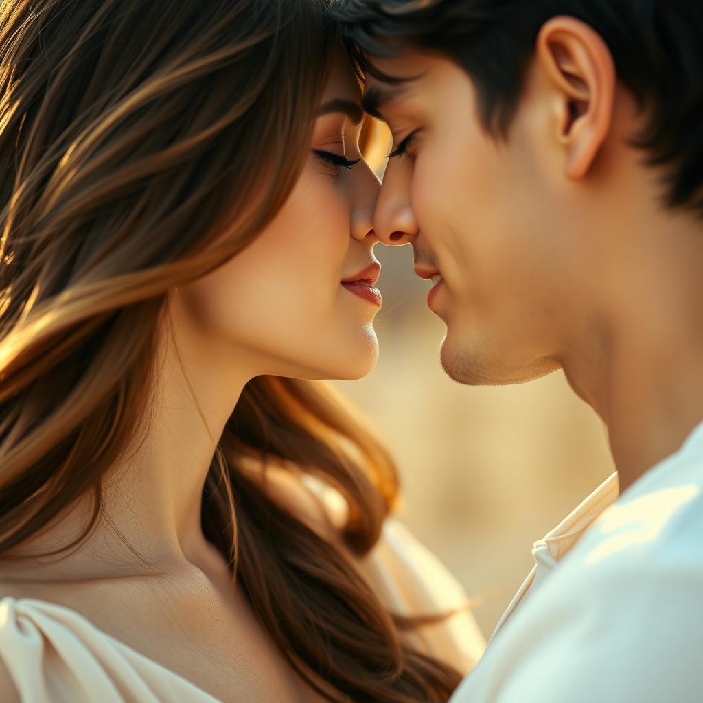 A close-up shot of a romantic scene, focusing on the intimate moment of a couple where their faces are almost touching, but the tension in their necks creates a delicate separation