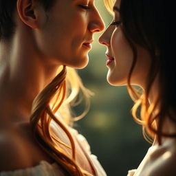 A close-up shot of a romantic scene, focusing on the intimate moment of a couple where their faces are almost touching, but the tension in their necks creates a delicate separation