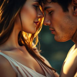 A close-up shot of a romantic scene, focusing on the intimate moment of a couple where their faces are almost touching, but the tension in their necks creates a delicate separation