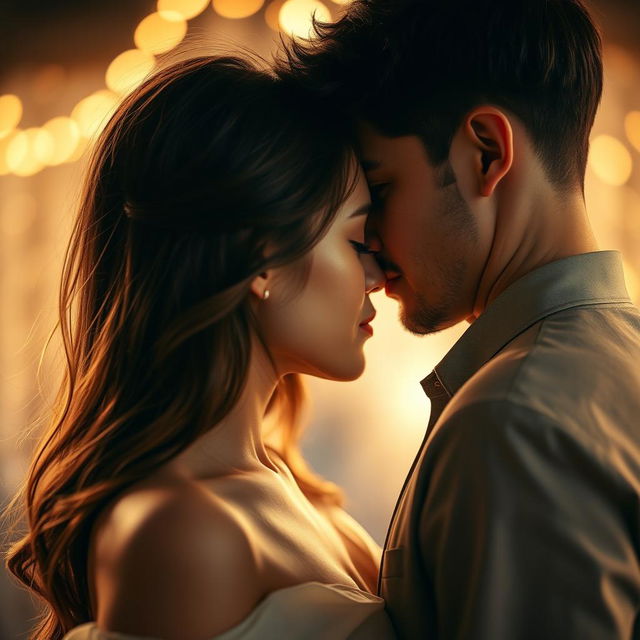 A close-up shot of a romantic scene, focusing on the intimate moment of a couple where their faces are almost touching, but the tension in their necks creates a delicate separation