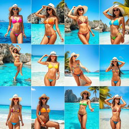 A series of stunning bikini photos featuring diverse models posing in various beautiful beach settings
