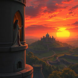 A grand medieval kingdom with an ancient fortress surrounded by lush green hills, featuring a royal palace in the distance