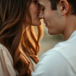 A close-up shot capturing the intimate moment between a couple as they lean in towards each other, their faces just inches apart