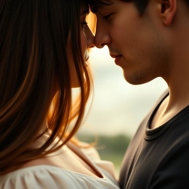 A close-up shot capturing the intimate moment between a couple as they lean in towards each other, their faces just inches apart