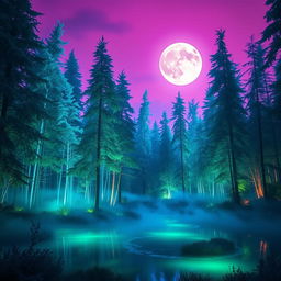 A stunning, surreal landscape featuring a glowing, ethereal forest bathed in twilight