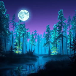 A stunning, surreal landscape featuring a glowing, ethereal forest bathed in twilight