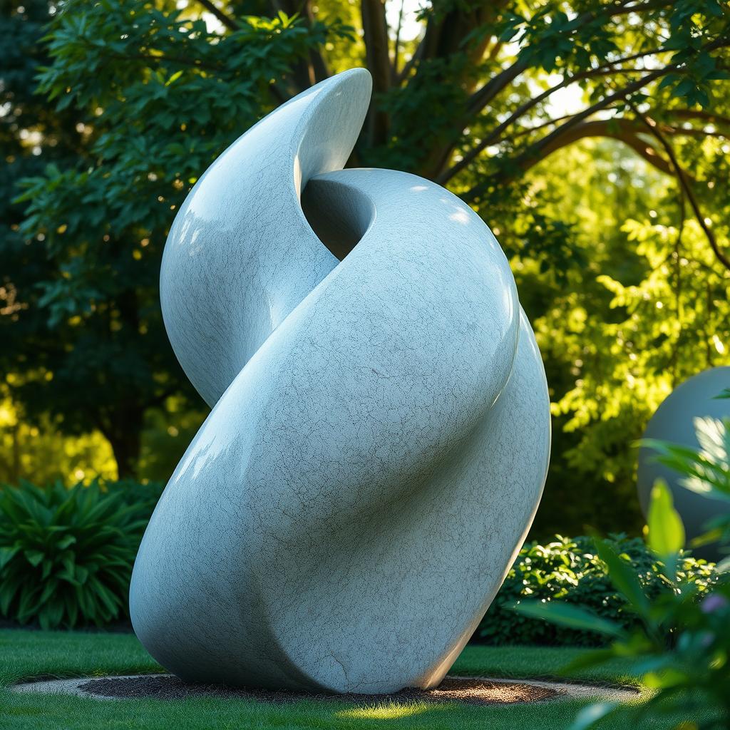 A stylized artistic representation of a large, abstract sculpture made from smooth, polished stone, emphasizing its curves and textures